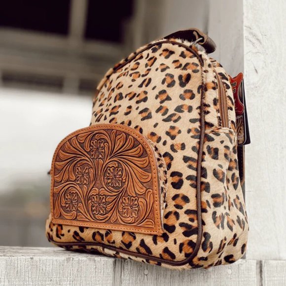 NWT New American Darling Leopard Cheetah Hide Leather Tooled Pocket Backpack